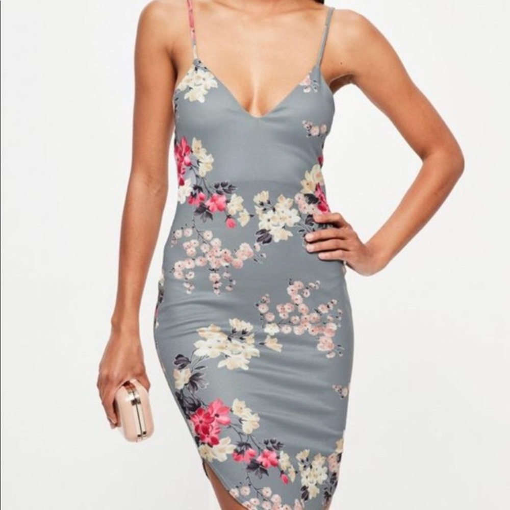 Grey Oriental Strappy Curve Hem Midi Dress